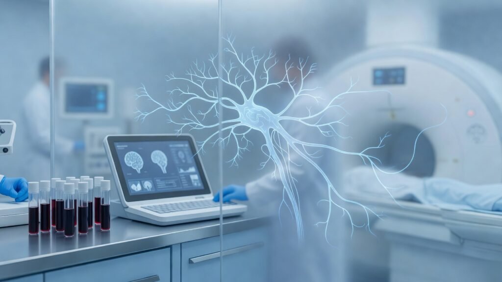 Atmospheric clinical neuroscience illustration related to Blood biomarkers reshape Alzheimer diagnosis pathways. No patient or physician identity depicted.