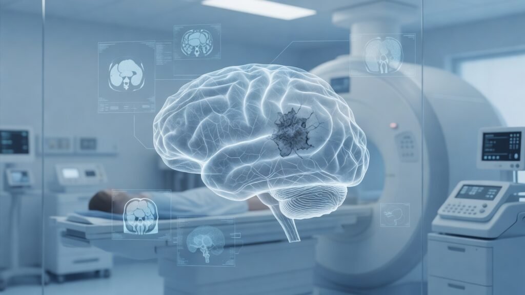 Atmospheric clinical neuroscience illustration related to Brain tumour: the headache you must not ignore. No patient or physician identity depicted.
