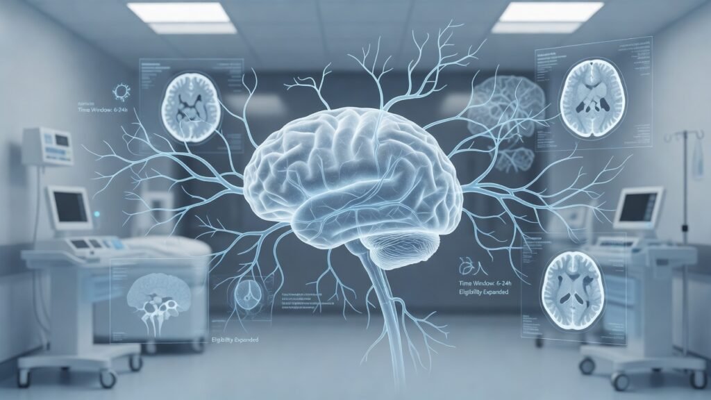 Atmospheric clinical neuroscience illustration related to Expanding late-window stroke thrombectomy guidelines. No patient or physician identity depicted.