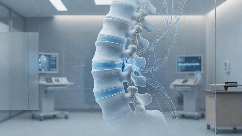 Atmospheric clinical neuroscience illustration related to Lumbar disc herniation: when to operate and when to wait. No patient or physician identity depicted.