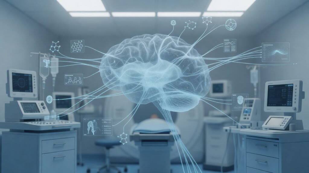 Atmospheric clinical neuroscience illustration related to Plasma biomarkers for Alzheimer's diagnosis. No patient or physician identity depicted.