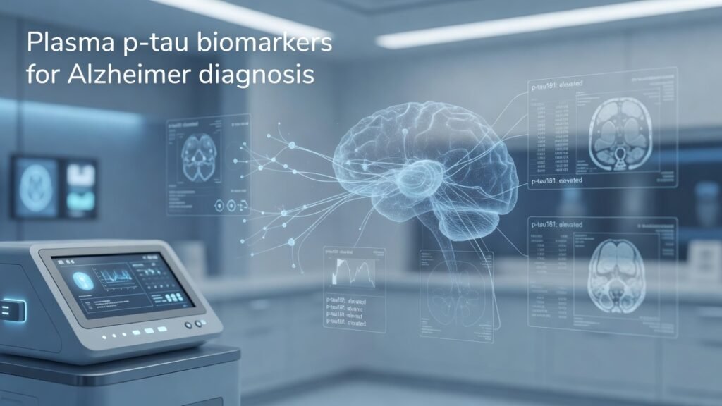 Atmospheric clinical neuroscience illustration related to Plasma p-tau biomarkers for Alzheimer diagnosis. No patient or physician identity depicted.