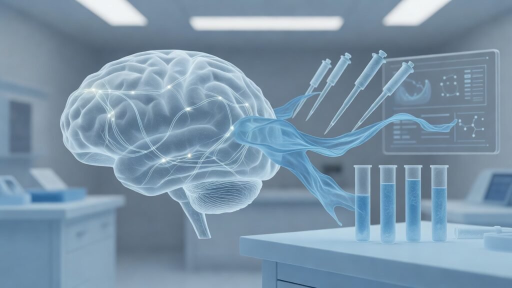 Atmospheric clinical neuroscience illustration related to Plasma p-tau217 blood tests in Alzheimer diagnosis. No patient or physician identity depicted.