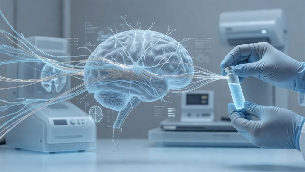 Atmospheric clinical neuroscience illustration related to Plasma p-tau217 Tests for Alzheimer Diagnosis. No patient or physician identity depicted.