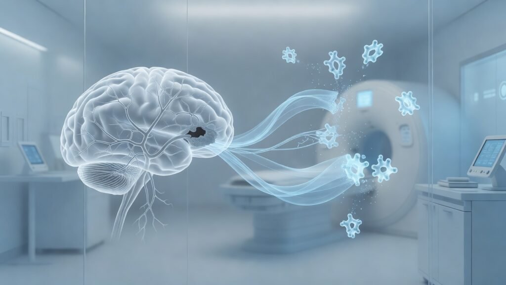 Atmospheric clinical neuroscience illustration related to Tenecteplase Adoption in Acute Ischemic Stroke. No patient or physician identity depicted.