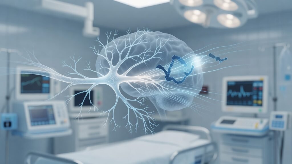 Atmospheric clinical neuroscience illustration related to Tenecteplase Shift in Acute Stroke Thrombolysis. No patient or physician identity depicted.